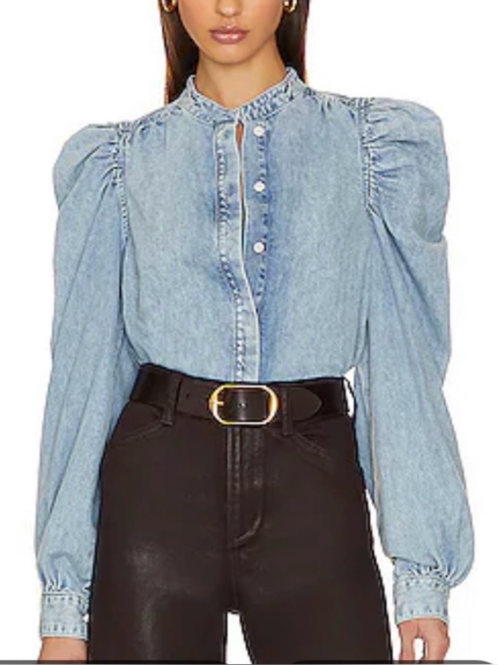 FRAME The Long Sleeve Gillian Top blouse puff sleeve hidden button cotton Large